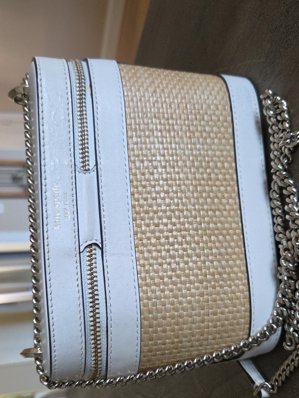 kate spade White and Natural Woven Crossbody with Gold Chain